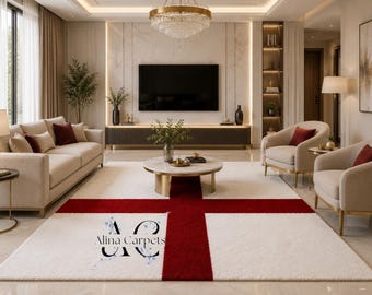 Hand Tufted Wool Rug Modern White Red Area Carpet Luxury Living Room Handmade Decor Statement