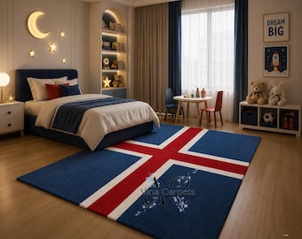 Hand Tufted Union Jack Wool Rug Handmade British Flag Area Carpet Kids Bedroom Decor Luxury