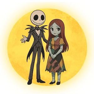 May include: Illustration of Jack Skellington and Sally from The Nightmare Before Christmas. Jack, a skeleton in a pinstripe suit, stands next to Sally, who wears a patchwork dress. They are set against a yellow circle.