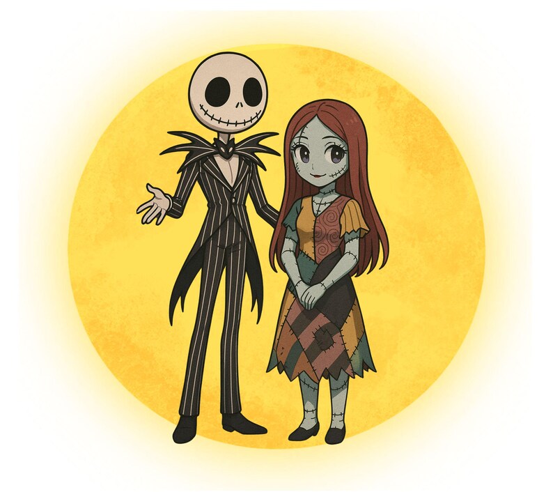May include: Illustration of Jack Skellington and Sally from The Nightmare Before Christmas. Jack, a skeleton in a pinstripe suit, stands next to Sally, who wears a patchwork dress. They are set against a yellow circle.