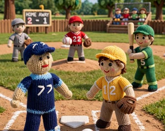 May include: A collection of crocheted baseball player dolls on a field. One doll in a blue uniform with number 77 stands near a white home plate and a crocheted baseball. Another doll in a yellow uniform with number 12 stands nearby. Other dolls in various uniforms are positioned in the background near a scoreboard reading HOME AWAY 2-1.