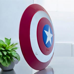 May include: A red, white, and blue shield with a star emblem. The shield is round with a red outer ring, a white inner ring, and a blue center with a white star. The shield is a prop.