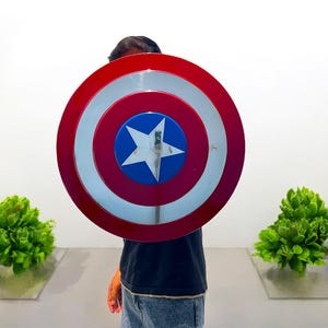 May include: A round shield with a red, white, and blue design, featuring a white star in the center. The shield is held in front of a person. The shield is a prop or costume accessory.