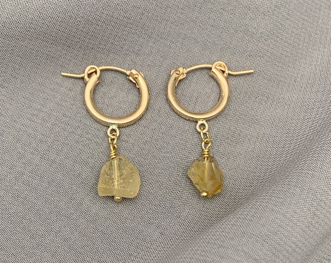 RAW CITRINE Huggie Hoop Earrings in 14k Gold Filled or Sterling Silver Natural Raw Crystal Dangle Hoop Earrings