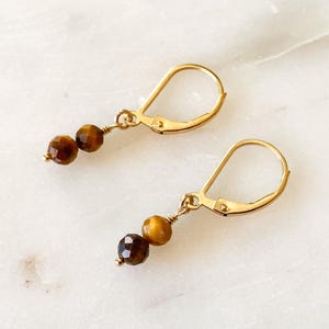 Tiger’s Eye Drop Earrings Gold Filled or Sterling Silver Gift for Her Leverback Dangle Earrings Minimal Everyday Jewelry