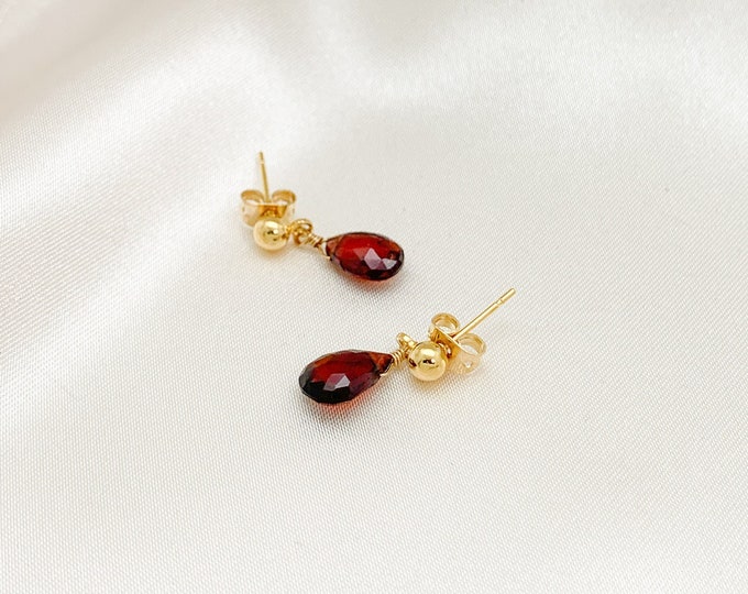 Garnet Stud Earrings 14k Gold Filled January Birthstone Natural Gemstone Dangle Stud Earrings