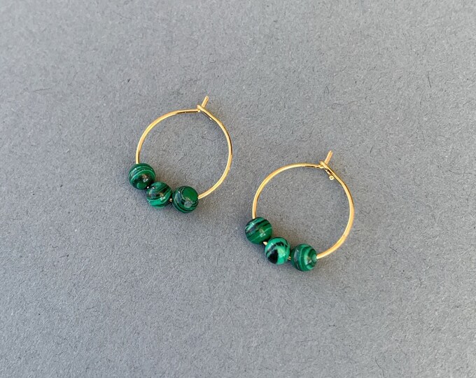 3 MALACHITE Tiny Gemstone Hoop Earrings With Genuine Gemstone Beads