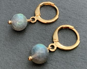 Labradorite Earrings, Gray Gemstone Earrings, Huggie Hoop Earrings, Gold Earrings, Silver Earrings, Rose Gold Earrings