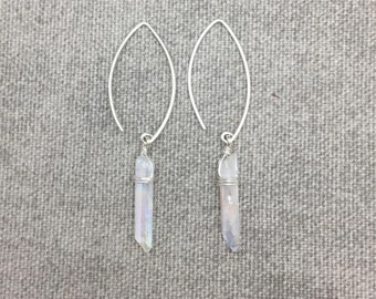 Angel Aura Quartz Crystal Point Arc Earrings, Hoop Earrings, Raw Stone Earrings, Raw Clear AB Quartz Earrings, Quartz Crystal