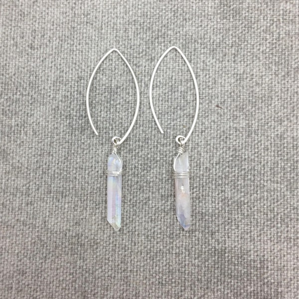 Angel Aura Quartz Crystal Point Arc Earrings, Hoop Earrings, Raw Stone Earrings, Raw Clear AB Quartz Earrings, Quartz Crystal