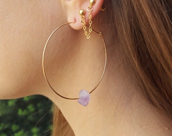 Raw Amethyst Earrings, Gold Hoop Earrings,14k Gold Filled, Silver, or Rose Gold Filled Hoops With Small Amethyst Nuggets, Natural Gemstone