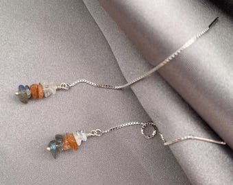 Sunstone Moonstone Labradorite Threader Earrings – 14k Gold Filled or Sterling Silver – Stacked Gemstone Box Chain Style – Everyday Jewelry