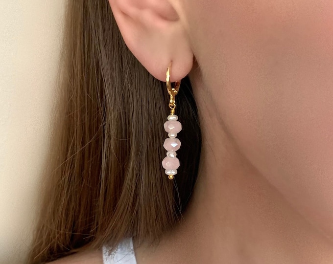 Rose Quartz Pearl Bar Drop Huggie Hoop Earrings, Rose Quartz Earrings, Gemstone Dangle Earrings, Statement Earrings, Minimalist Earrings