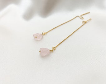 RAW ROSE QUARTZ Threader Earrings, Raw Gemstone Threader Earrings in Gold or Sterling Silver