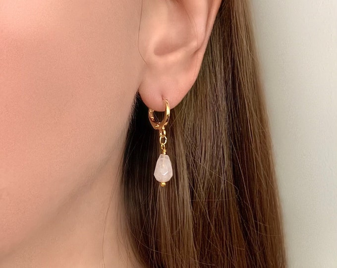 Rose Quartz Teardrop Drop Huggie Hoop Earrings, Rose Quartz Earrings, Gemstone Dangle Earrings, Statement Earrings, Minimalist Earrings