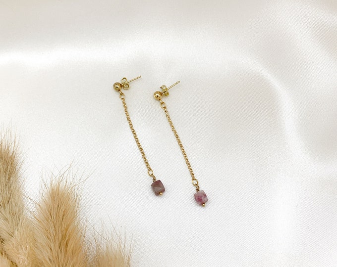 PINK TOURMALINE Long Chain Stud Earrings, 14k Gold Filled, Rose Gold Filled, or Sterling Silver Tiny Earrings With Natural Gemstone Beads