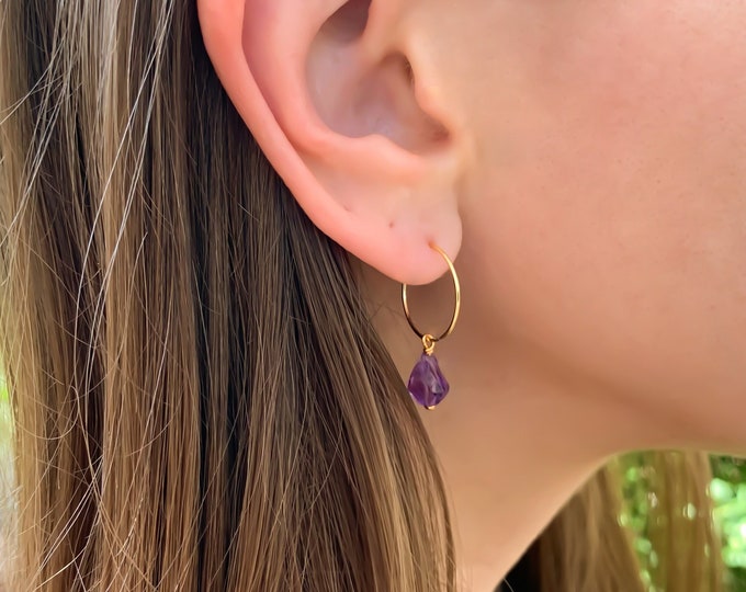 RAW AMETHYST 14k Gold Filled Tiny Gemstone Hoop Earrings With Genuine Gemstone Beads