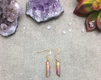 Orange Aura Quartz Crystal Point Earrings, Quartz Crystal Point Earrings,, Raw Crystal Earrings