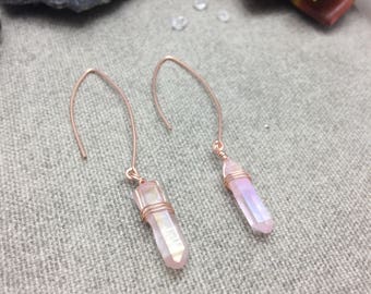 Quartz Raw Crystal Wire Wrapped Hoop Earrings Raw Quartz Point Earrings Rustic Clear Raw Quartz Crystal Point Rose Gold Filled Hoop Earrings