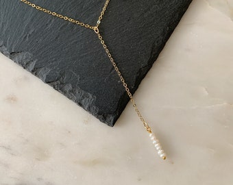 Pearl Bar Drop Y Necklace, Freshwater Pearl on 14k Filled Lariat Necklace, Modern Minimal Jewelry, Simple Layering Necklace