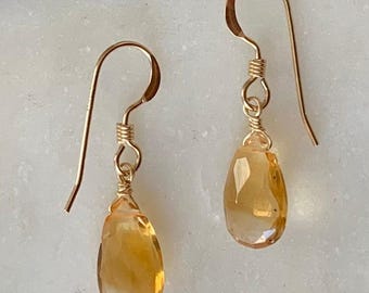 Citrine Drop Earrings – Genuine Gemstone Pear Dangles in Gold – November Birthstone Jewelry