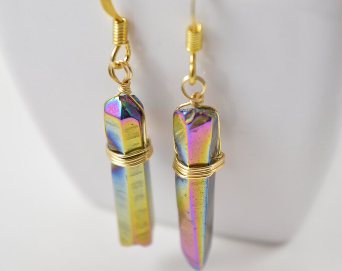 Rainbow Titanium Quartz Crystal Point Earrings, Quartz Crystal Point Earrings, Raw Crystal Earrings,