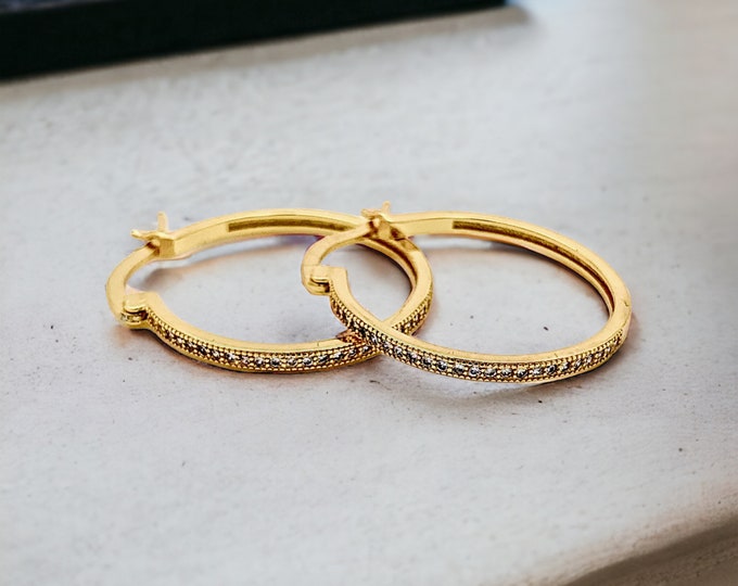 Gold/Silver Plated Sterling Silver Dainty Micro CZ Pave Hoop Earrings