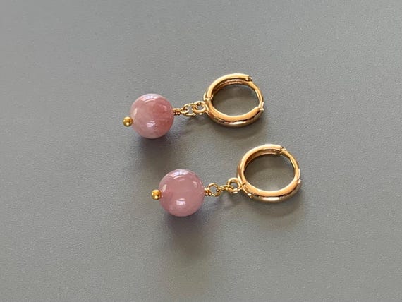 Madagascar Rose Quartz Huggie Hoop Earrings – 8mm Gemstones – 14k Gold Plated or Sterling Silver