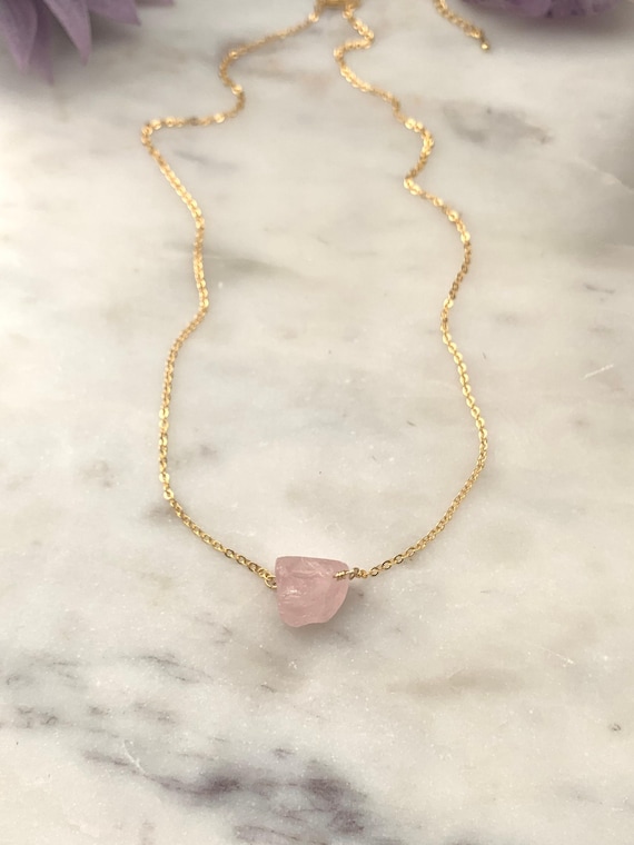 Raw Rose Quartz Necklace – Rough Crystal Pendant in 14k Gold Filled or Sterling Silver