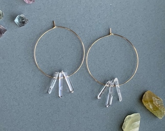 Polished Triple Quartz Hoop Earrings, Raw Quartz Point Earrings, Quartz Point Earrings, Raw Crystal Earrings