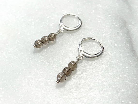 Smoky Quartz Three Stone Stack Huggie Hoop Earrings – Gold Filled or Sterling Silver Gemstone Jewelry