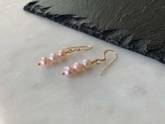Pink Pearl Drop Earrings – 3 Pearl Stack of Freshwater Pearl Dangles – Dainty Handmade Jewelry Gift