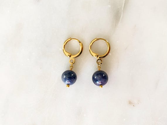 Sapphire Huggie Hoop Earrings – September Birthstone Jewelry – Natural Gemstone Bead Dangles – Gold or Silver Leverback Earrings