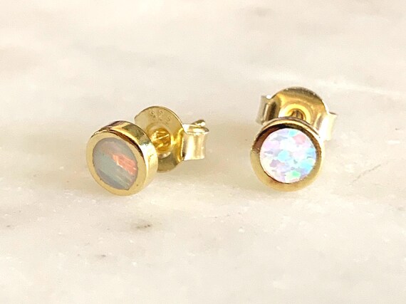 White Bello Opal Stud Earrings – Dainty Opal Circle Studs in Gold, Rose, or White Gold Plated Sterling Silver – October Birthday Gift