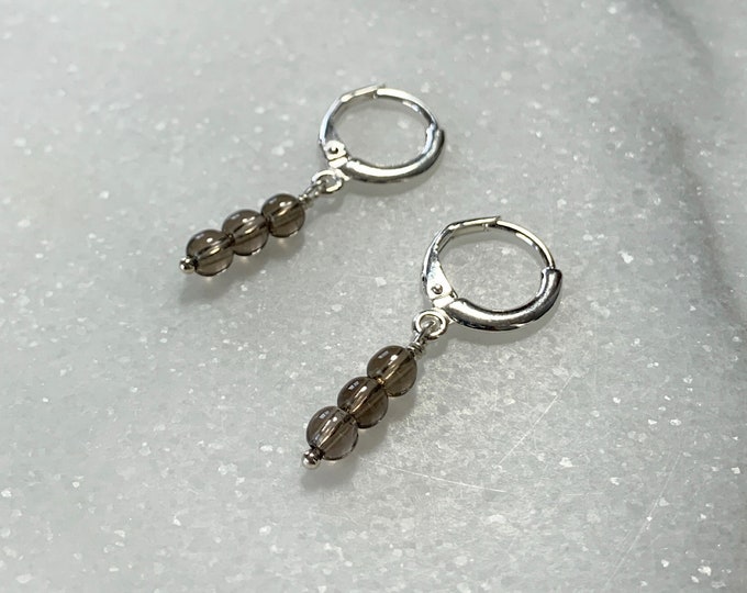 SMOKEY QUARTZ Three Stone Tiny Round Huggie Hoops Lever Back Hoop Earrings With Genuine Gemstone Beads