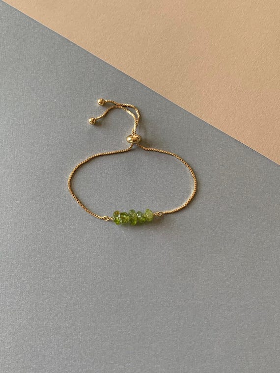 Peridot Beaded Bracelet – August Birthstone Jewelry – Genuine Adjustable Gemstone Bracelet Gift