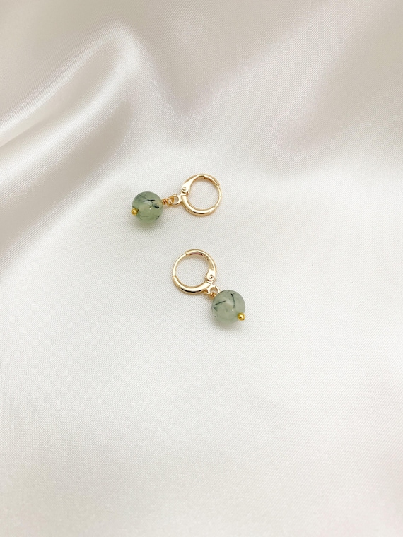 Prehnite Huggie Hoop Earrings – Gold or Silver Round Leverbacks with Natural Gemstone Drops