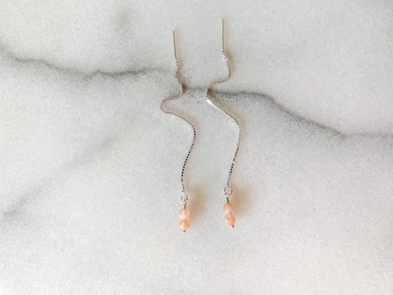 Sunstone Threader Earrings – Pull Through Chain Earrings in 14k Gold Filled or Sterling Silver