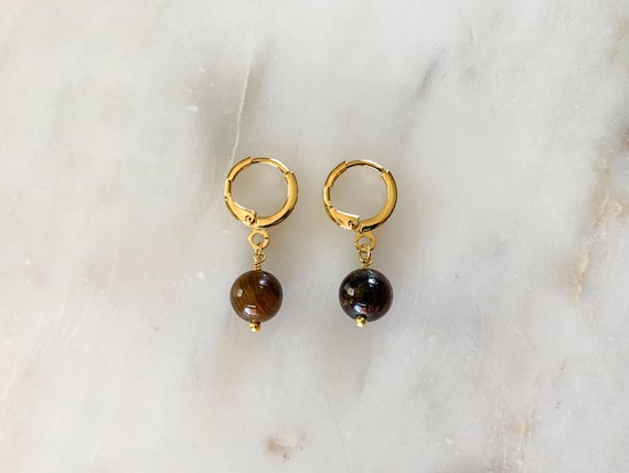 Tiger’s Eye Huggie Hoop Earrings – Gold Plated Gemstone Bead Charm Hoops for Everyday Wear