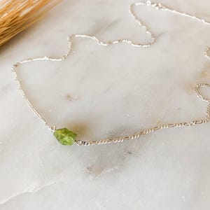Raw Peridot Necklace – August Birthstone Pendant – 6mm Crystal on Gold or Sterling Silver Figaro Chain