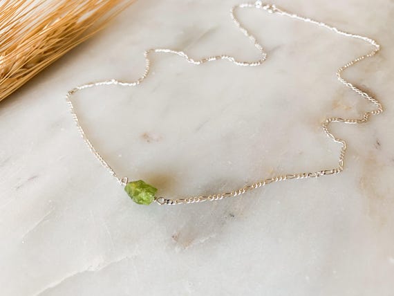 Raw Peridot Necklace – August Birthstone Pendant – 6mm Crystal on Gold or Sterling Silver Figaro Chain