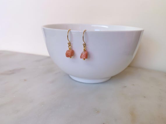 Raw Sunstone Gemstone Earrings – Orange Sparkle Crystal Jewelry in Gold Filled or Sterling Silver