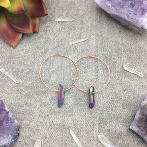 Rainbow Titanium Quartz Crystal Hoop Earrings, Raw Quartz Point Earrings, Rose Gold Earrings, Rose Gold Hoops image 8