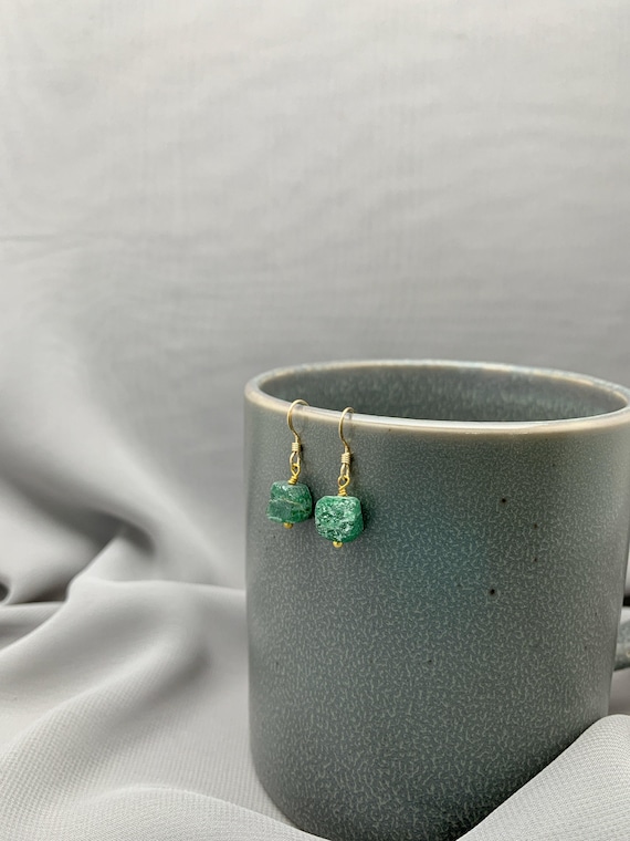 Raw Chrome Diopside Earrings – Rough Gemstone Dangles in 14k Gold Filled or Sterling Silver – Green Birthstone Jewelry