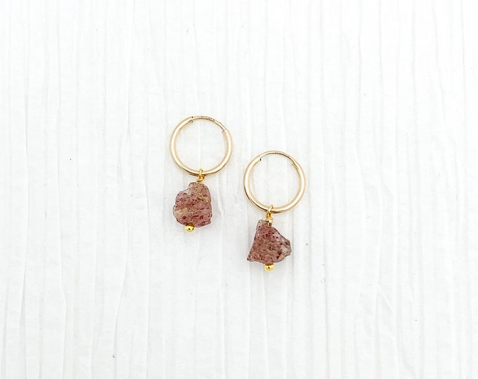 RAW STRAWBERRY QUARTZ 14k Gold Filled Endless Hoop Earrings, Dainty Hoop Dangle Earrings