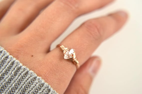 Herkimer Diamond Wire Wrapped Ring – April Birthstone Jewelry in 14k Gold Filled or Sterling Silver