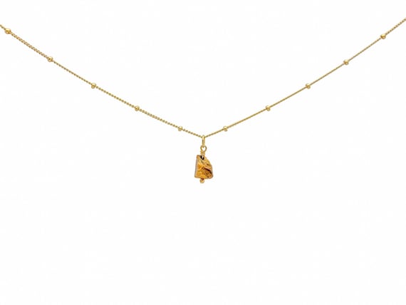 Raw Tiger’s Eye Drop Necklace – Tiny Rough Crystal Pendant on Satellite Chain – Gold Filled or Silver