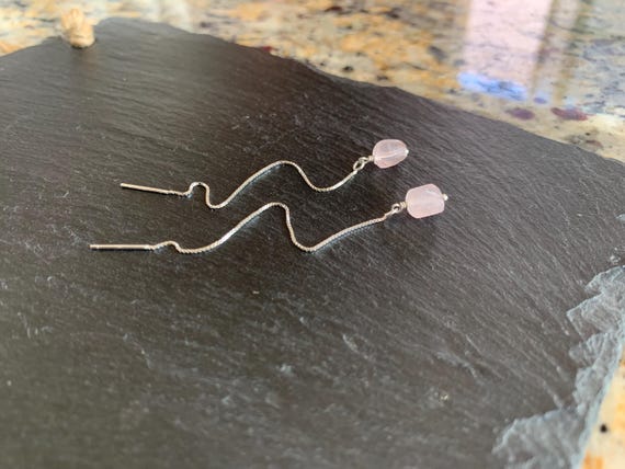 Rose Quartz Threader Earrings – Raw Gemstone Pull Through Box Chain Thread Earrings in 14k Gold Filled or Sterling Silver