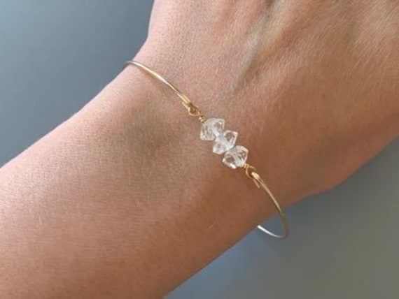 Herkimer Diamond Birthstone Bracelet – April Gemstone Bangle in 14k Gold Filled or Sterling Silver