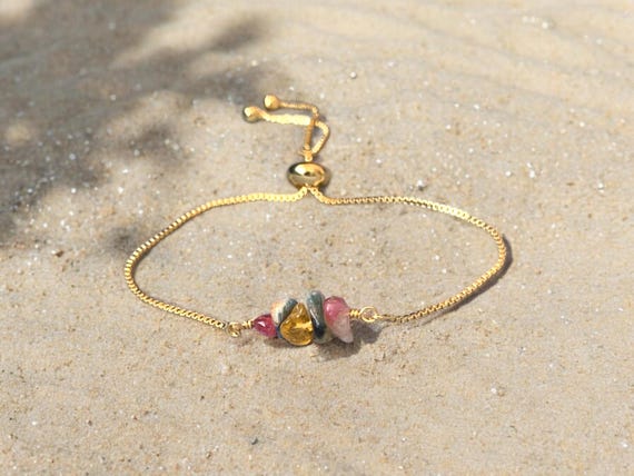 Multicolor Tourmaline Beaded Bracelet – Genuine Gemstone Adjustable Bracelet – Handmade Jewelry Gift